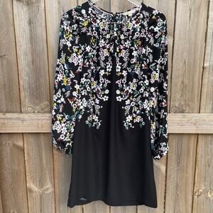 Boden Dress Keira Shift Elastic Cuffs Floral Black 3/4 Bishop Sleeve Size 8